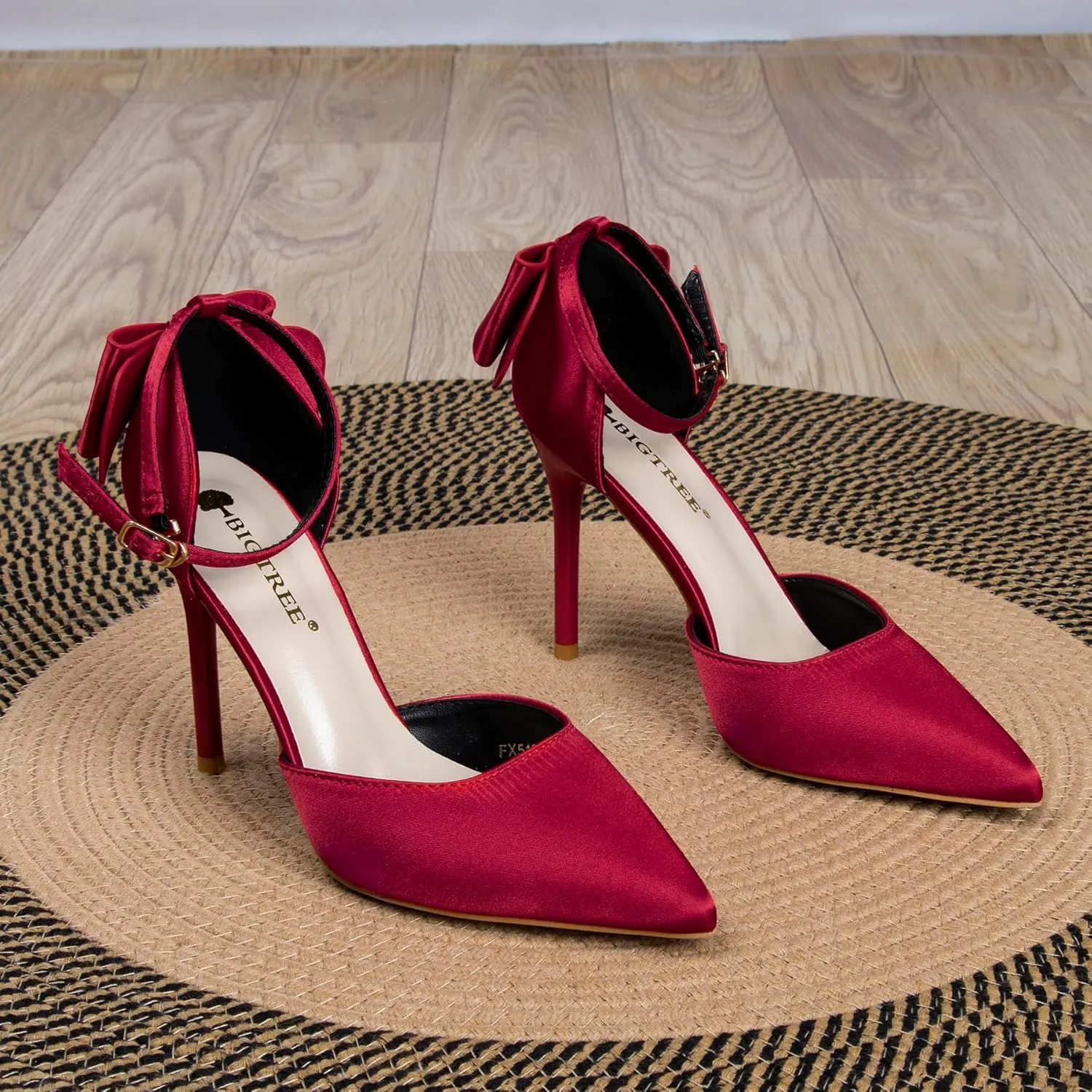 Womens Red Gold High Heels with Bow Black Stiletto Ankle Strap Heels for Women Comfortable Dressy Pointy Closed Toe Bridal Wedding Party Satin Pumps Shoes Convenient Buckle