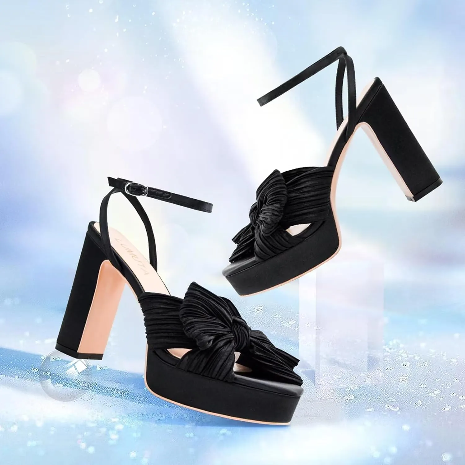 Women's Rhinestone Sparkling Heeled Sandals, Ankle-Strap Pin-Buckled Block Heel Gold Square-Toe Sandals, Dress-Up Summer Ball Party Dress Shoes