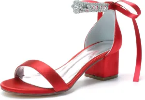 Women's Rhinestones Block Heels Satin Wedding Shoes for Bride Low Heels Comfortable Bridal Shoes White Heels Chunky Formal Evening Party Prom Sandals Pumps