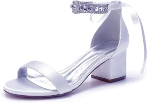 Women's Rhinestones Block Heels Satin Wedding Shoes for Bride Low Heels Comfortable Bridal Shoes White Heels Chunky Formal Evening Party Prom Sandals Pumps