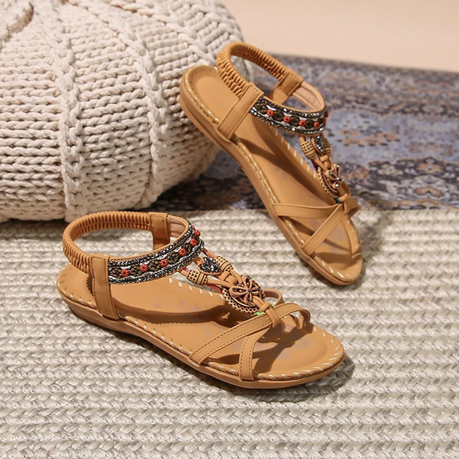 Womens Sandals Comfortable Dressy,Retro Braided Rope Flats Shoes Arch Support Beach Sandals Slip On Walking Sandals