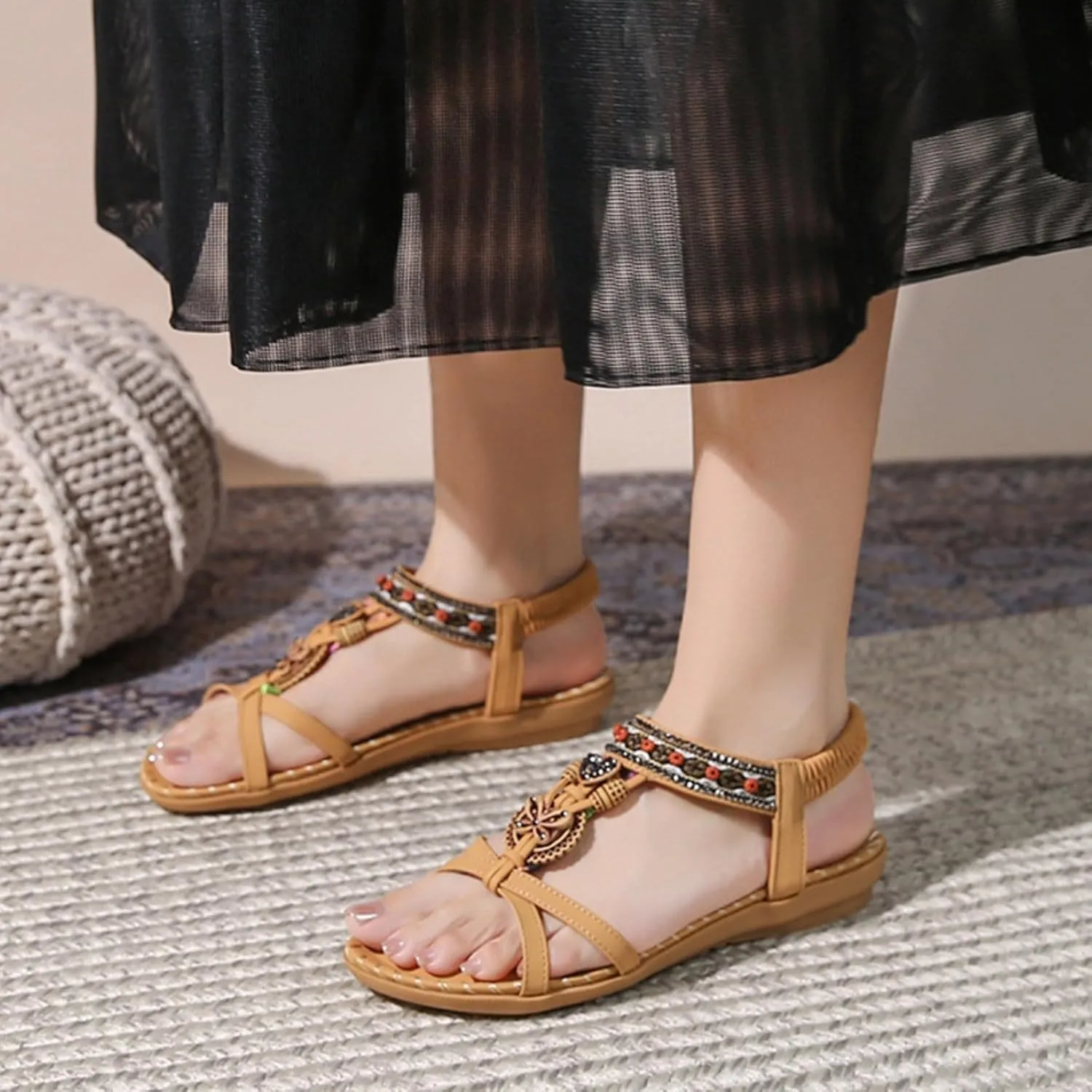 Womens Sandals Comfortable Dressy,Retro Braided Rope Flats Shoes Arch Support Beach Sandals Slip On Walking Sandals