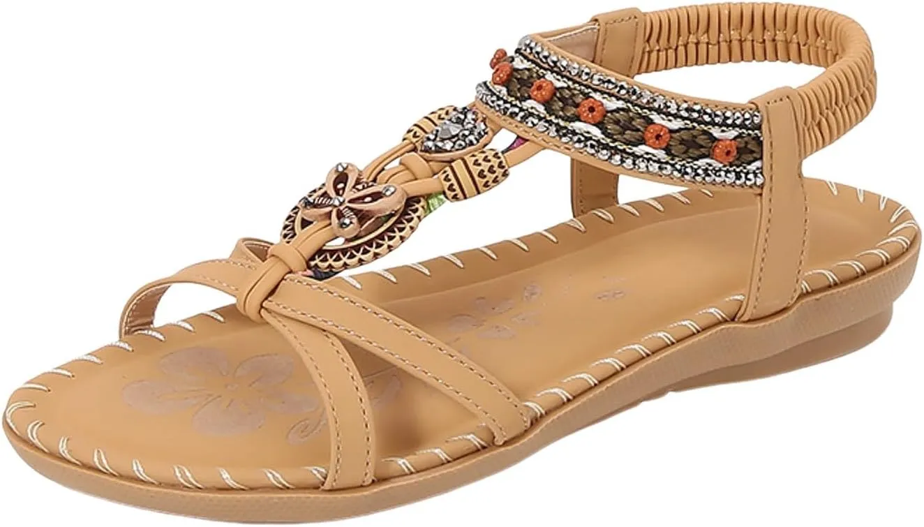 Womens Sandals Comfortable Dressy,Retro Braided Rope Flats Shoes Arch Support Beach Sandals Slip On Walking Sandals