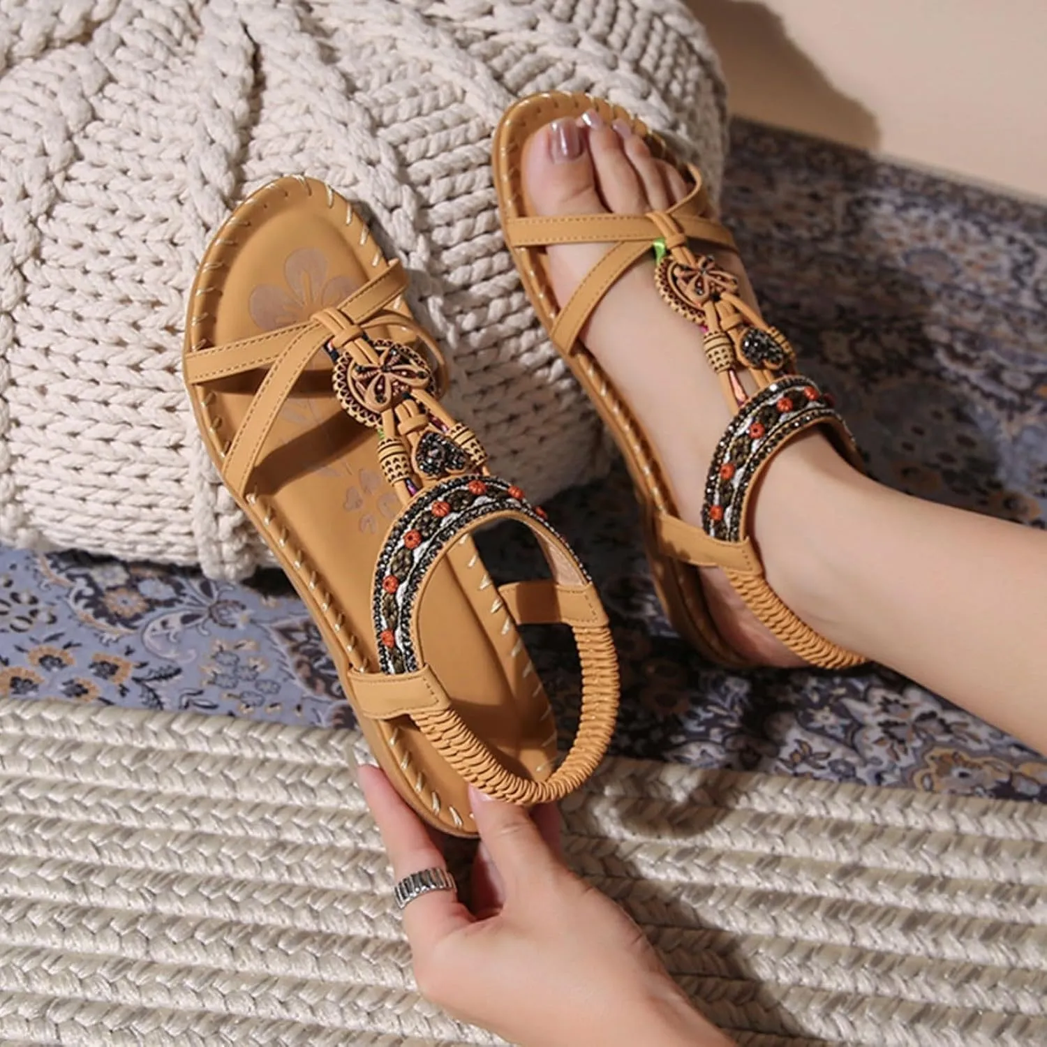 Womens Sandals Comfortable Dressy,Retro Braided Rope Flats Shoes Arch Support Beach Sandals Slip On Walking Sandals