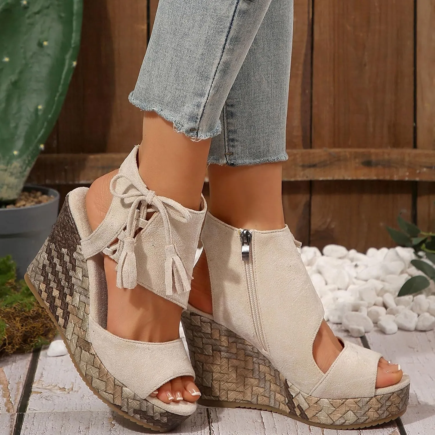 Womens Sandals Dressy Suede Wedge Platform Sandals Tassel Boho Sandals Chunky High Heel Sandal Side Zipper Peep Toe Sandals Hollow Out Slingback Shoes