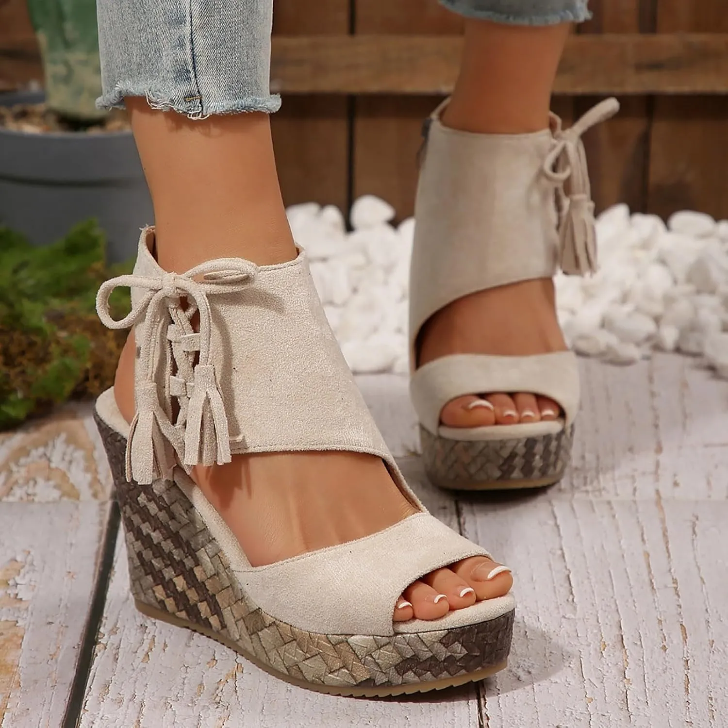 Womens Sandals Dressy Suede Wedge Platform Sandals Tassel Boho Sandals Chunky High Heel Sandal Side Zipper Peep Toe Sandals Hollow Out Slingback Shoes
