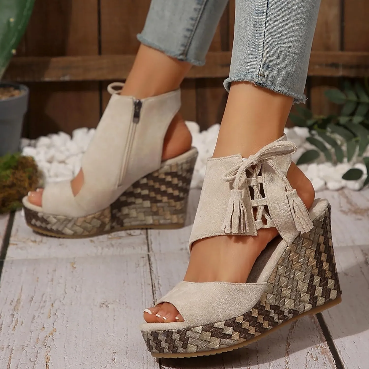 Womens Sandals Dressy Suede Wedge Platform Sandals Tassel Boho Sandals Chunky High Heel Sandal Side Zipper Peep Toe Sandals Hollow Out Slingback Shoes