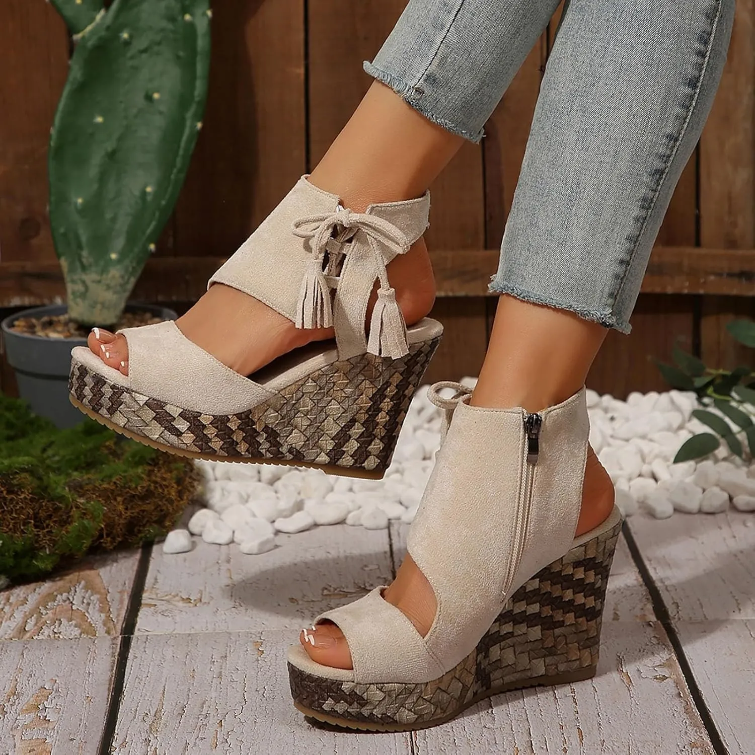 Womens Sandals Dressy Suede Wedge Platform Sandals Tassel Boho Sandals Chunky High Heel Sandal Side Zipper Peep Toe Sandals Hollow Out Slingback Shoes