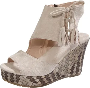 Womens Sandals Dressy Suede Wedge Platform Sandals Tassel Boho Sandals Chunky High Heel Sandal Side Zipper Peep Toe Sandals Hollow Out Slingback Shoes