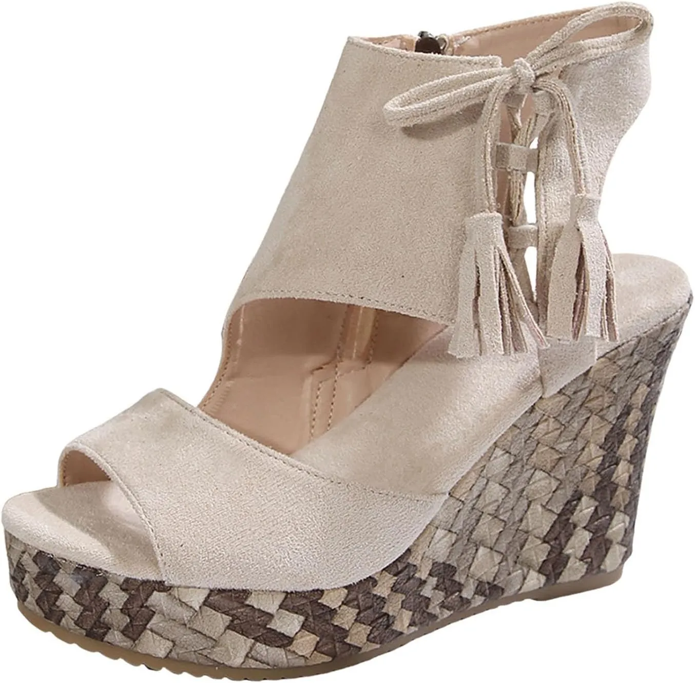 Womens Sandals Dressy Suede Wedge Platform Sandals Tassel Boho Sandals Chunky High Heel Sandal Side Zipper Peep Toe Sandals Hollow Out Slingback Shoes