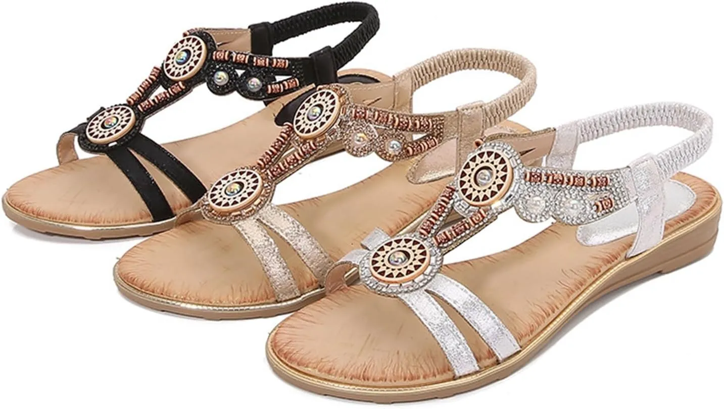 Women's Sandals Summer Bohemia Flats Shoes Comfortable Ankle Strap Outdoor Walking Sandal Open Toe Casual Shoes