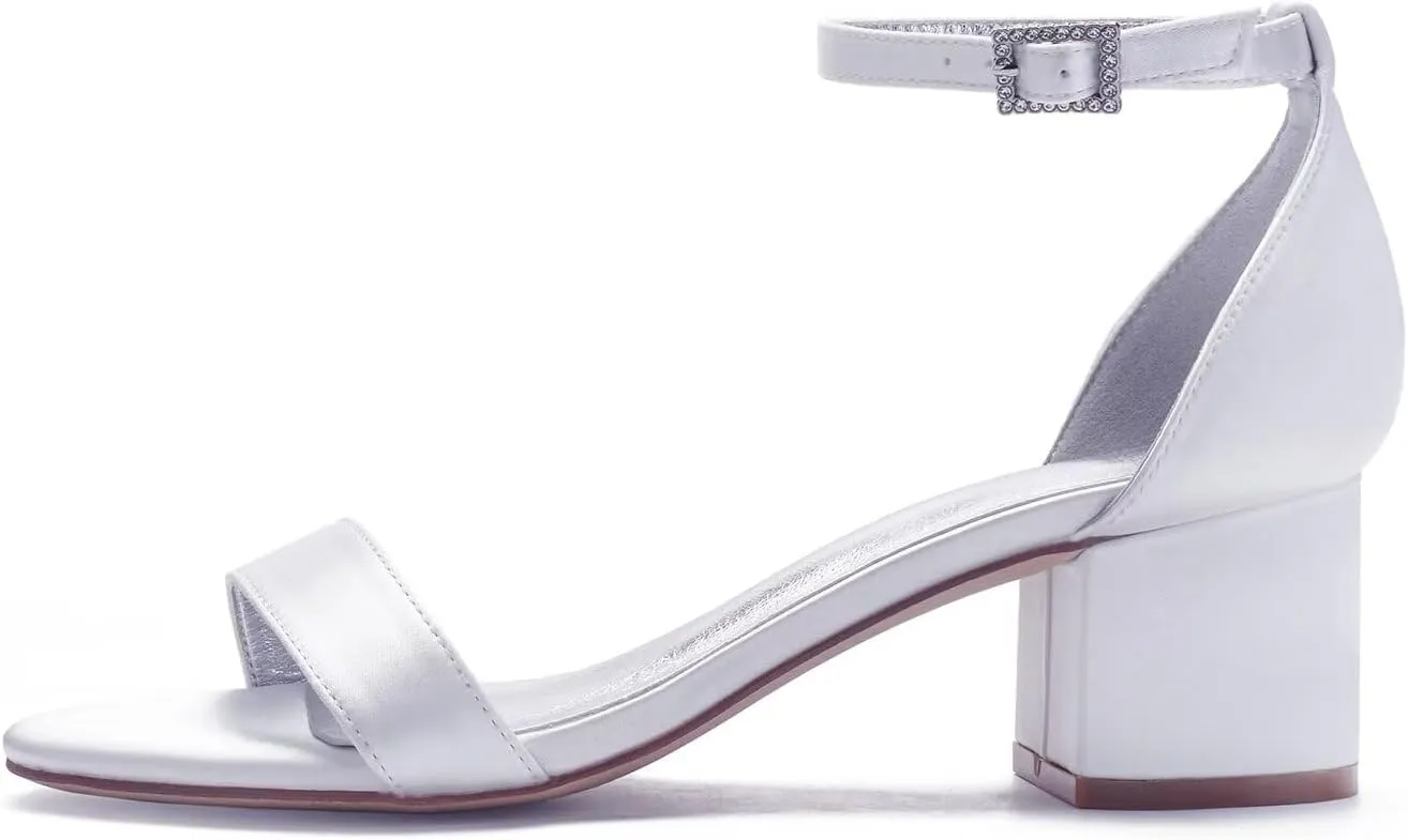 Women's Satin Open Toe Chunky Block Heeled sandals for Women Wedding Shoes for Bride Formal Prom Dress Heels