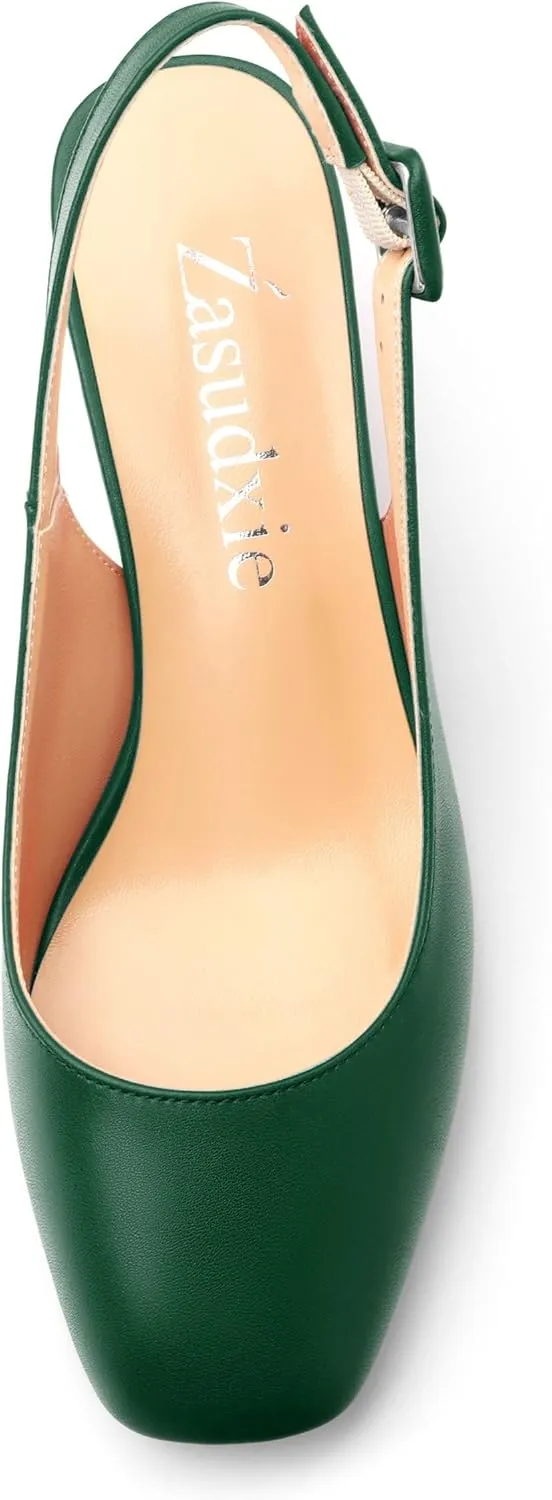 Women's Slingback Low Chunky Heels Square Toe Block Heels for Women Closed Toe Comfortable Casual Wedding Work Pumps 2 Inch