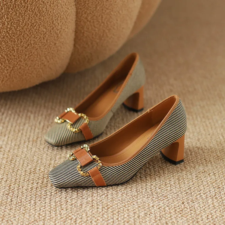 Women's Square Toe Patchwork Block Heel Pumps Y2702