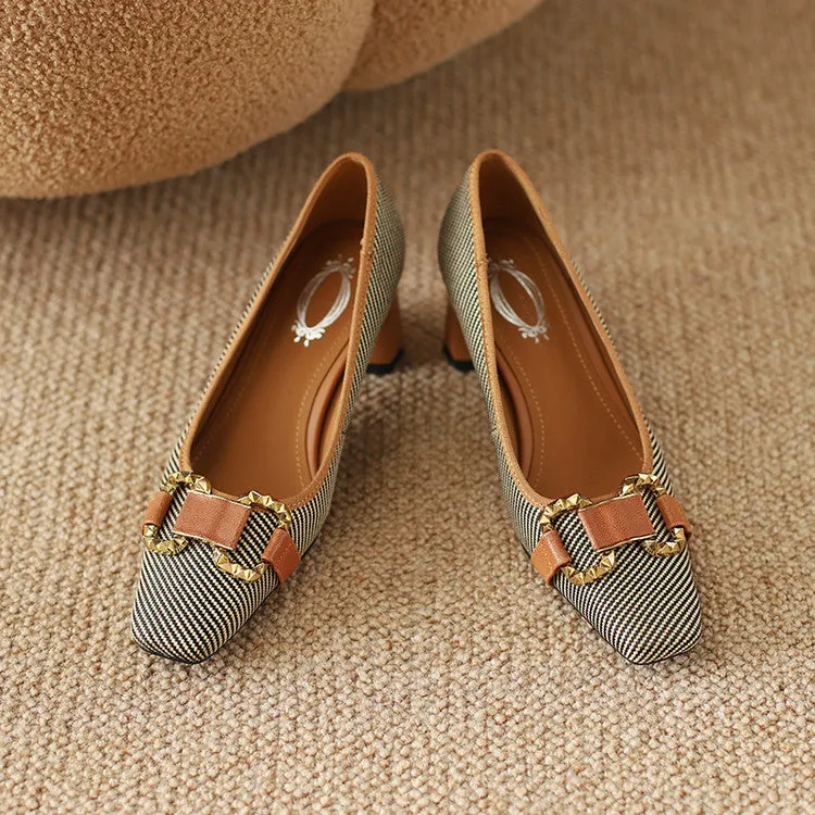 Women's Square Toe Patchwork Block Heel Pumps Y2702