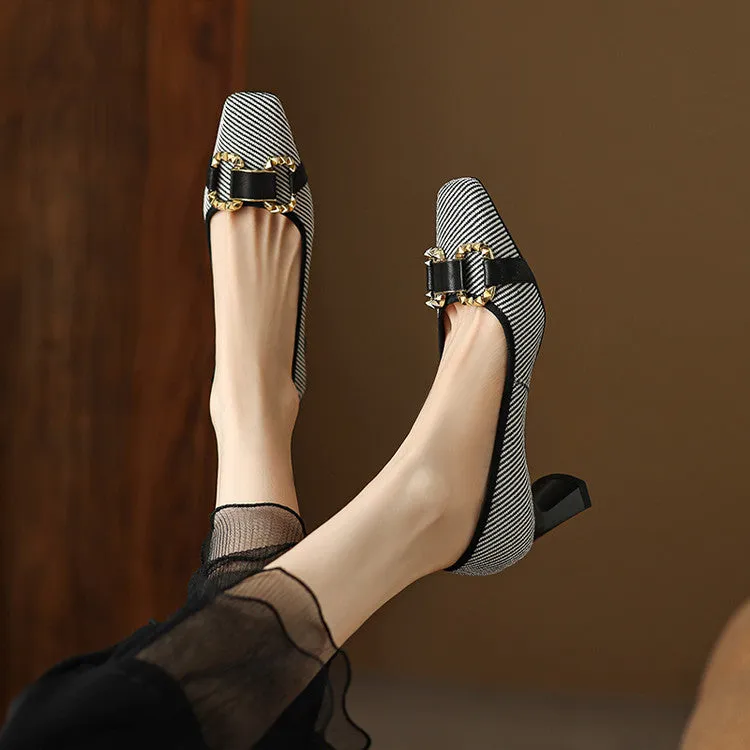 Women's Square Toe Patchwork Block Heel Pumps Y2702