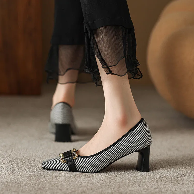 Women's Square Toe Patchwork Block Heel Pumps Y2702