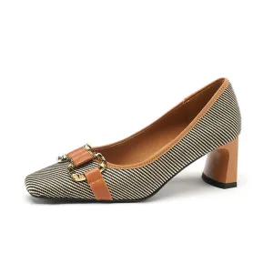 Women's Square Toe Patchwork Block Heel Pumps Y2702