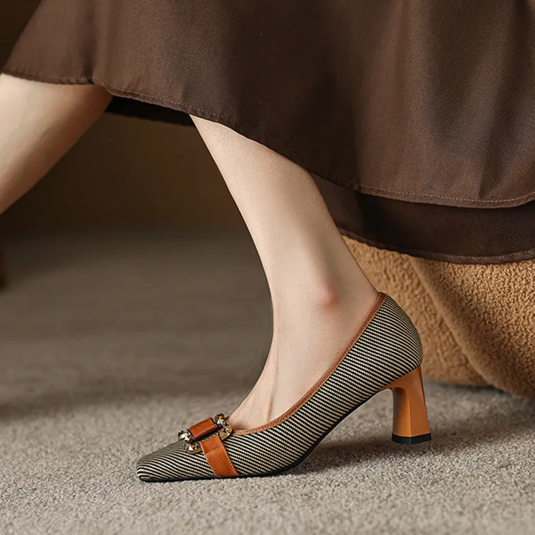 Women's Square Toe Patchwork Block Heel Pumps Y2702