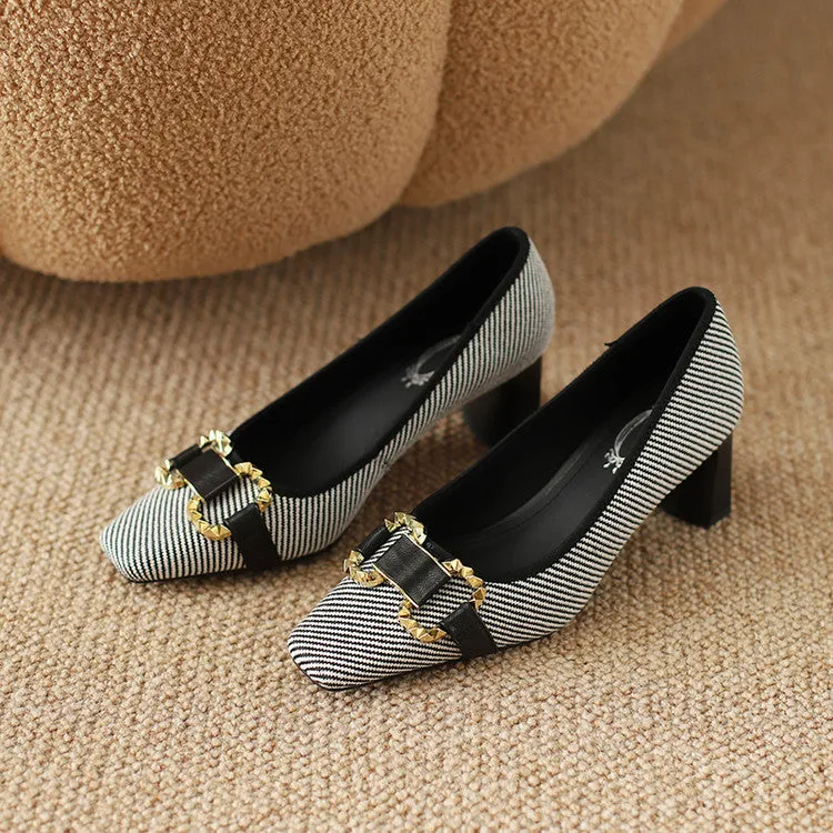 Women's Square Toe Patchwork Block Heel Pumps Y2702