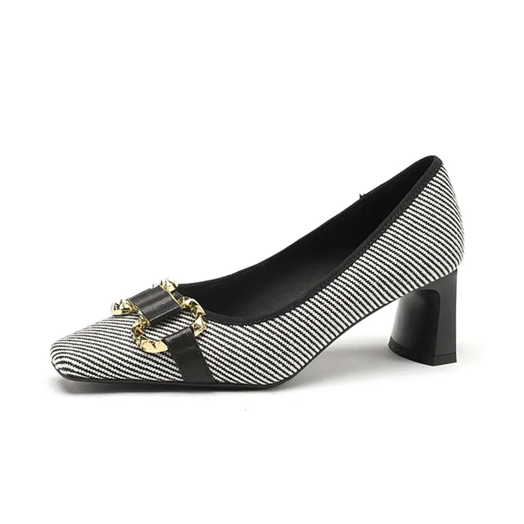 Women's Square Toe Patchwork Block Heel Pumps Y2702
