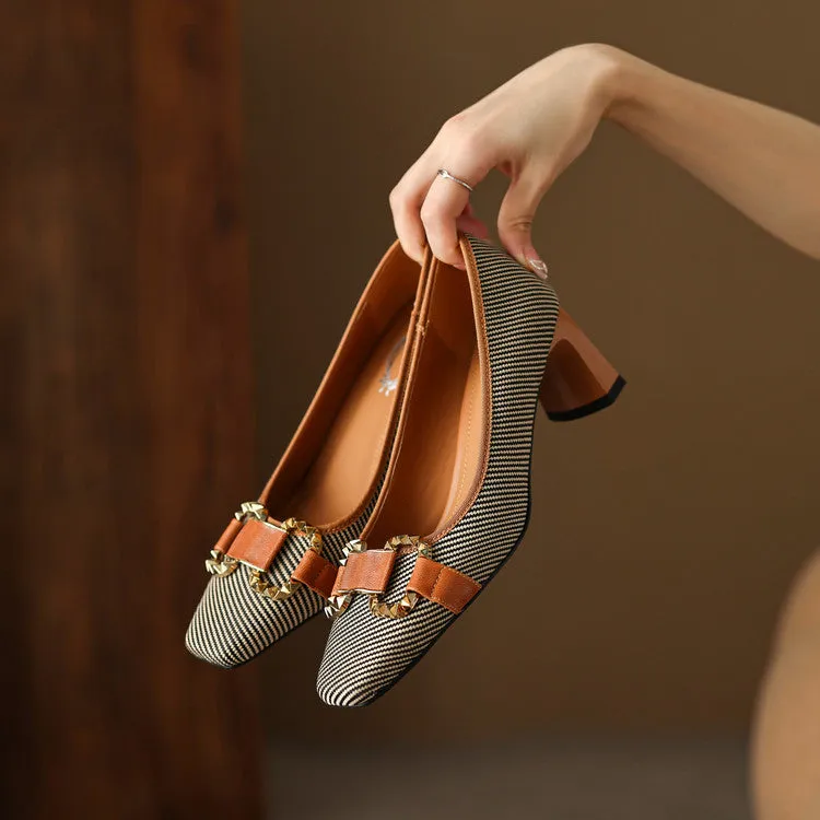 Women's Square Toe Patchwork Block Heel Pumps Y2702