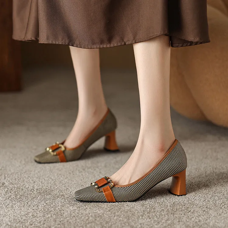 Women's Square Toe Patchwork Block Heel Pumps Y2702