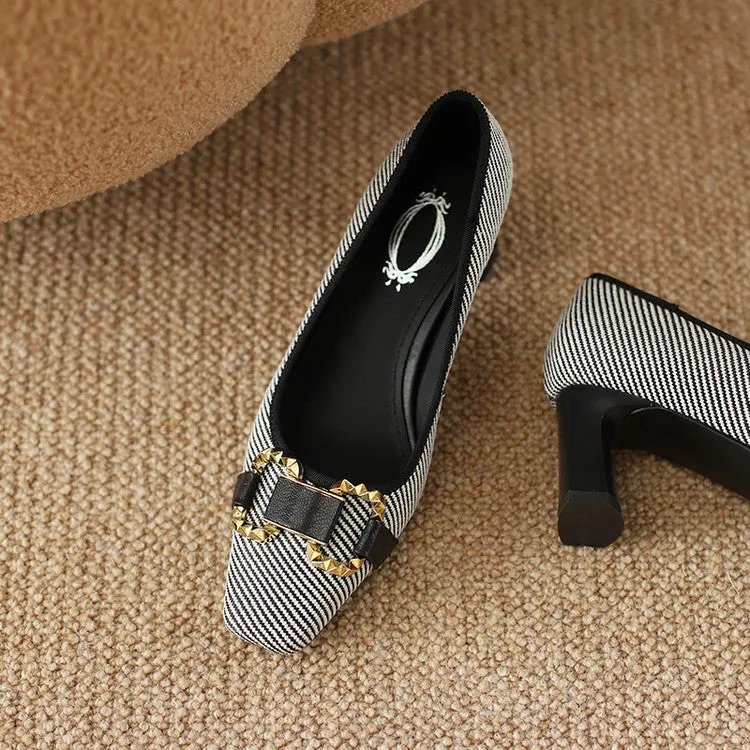 Women's Square Toe Patchwork Block Heel Pumps Y2702