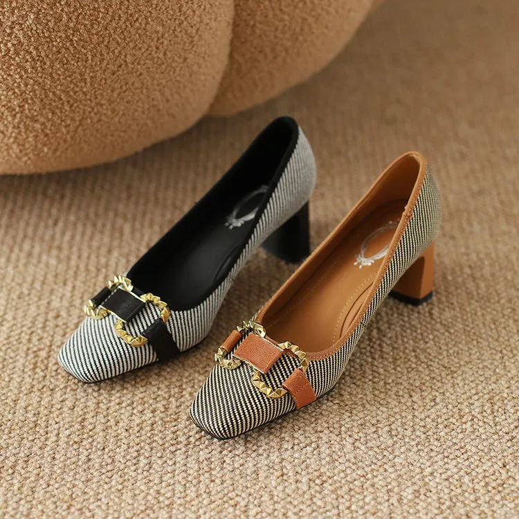 Women's Square Toe Patchwork Block Heel Pumps Y2702