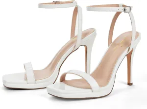 Women’s Stiletto Strappy Heeled Sandals, 4.3 Inch Square Open Toe Sexy High Heels Ankle Strap Buckle Heels for Party Wedding Dress Daily Wear Shoes