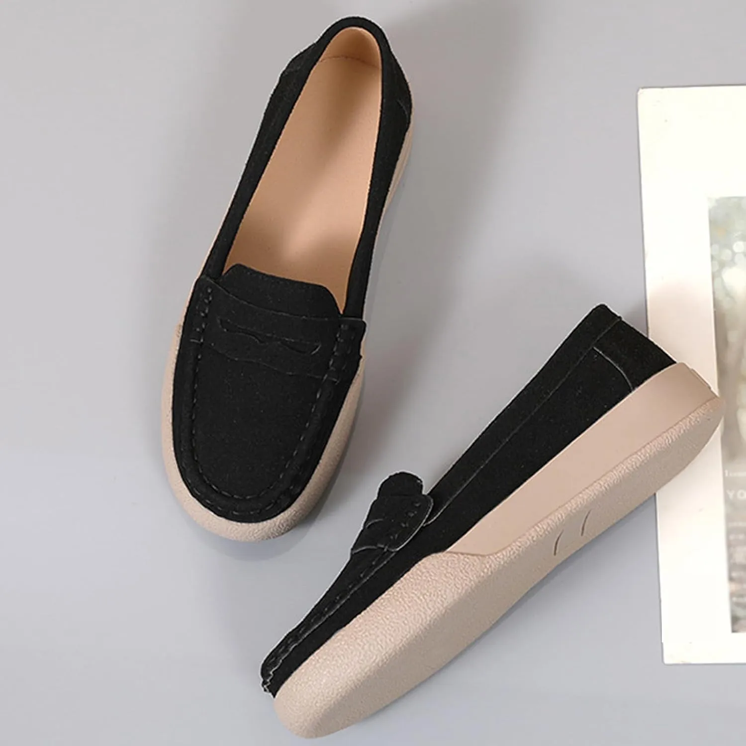 Women's Suede Slip-On Flat Penny Loafers,Fashion Comfortable Non-Slip Moccasins Driving Shoes,Lightweight Soft Sole Casual Work Boat Shoes