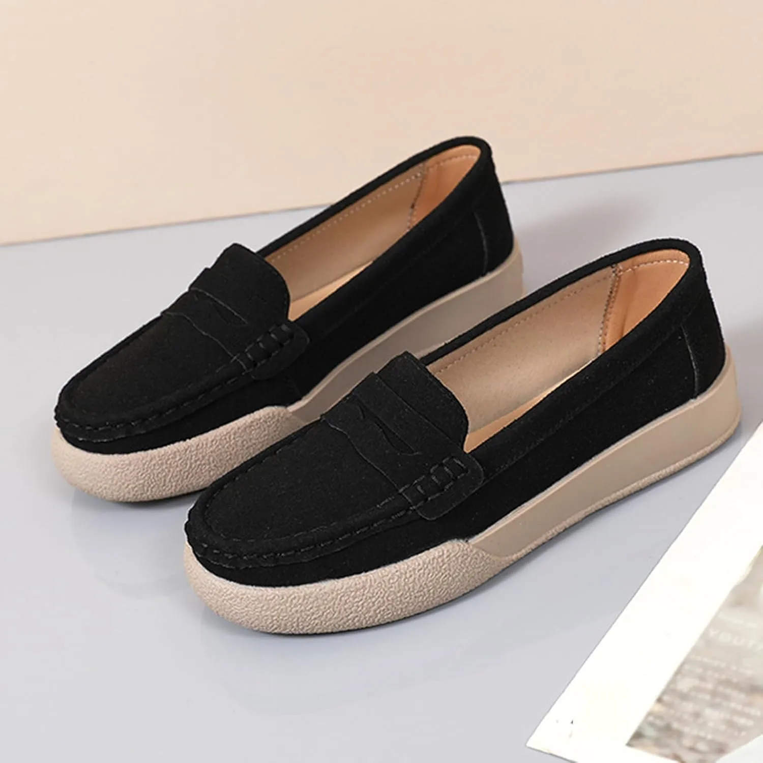 Women's Suede Slip-On Flat Penny Loafers,Fashion Comfortable Non-Slip Moccasins Driving Shoes,Lightweight Soft Sole Casual Work Boat Shoes