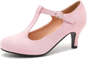 Women's T Strap Mary Jane Low Kitten Heel Pumps Closed Round Toe Retro Ankle Strap Buckle Comfortable Vintage Wedding Evening Party Dress Office Work Church Shoes