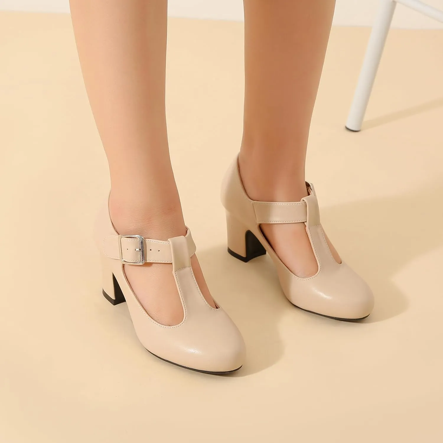 Women's T-Strap Mary Jane Pumps Low Block Chunky Heels Closed Round Toe Dress Wedding Office Work Shoes