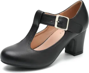 Women's T-Strap Mary Jane Pumps Low Block Chunky Heels Closed Round Toe Dress Wedding Office Work Shoes