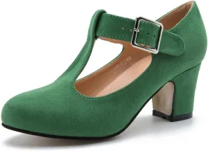Women's T-Strap Mary Jane Pumps Low Block Chunky Heels Closed Round Toe Dress Wedding Office Work Shoes