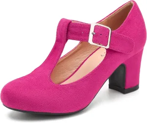 Women's T-Strap Mary Jane Pumps Low Block Chunky Heels Closed Round Toe Dress Wedding Office Work Shoes