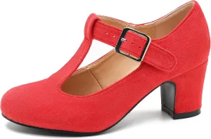 Women's T-Strap Mary Jane Pumps Round Closed Toe Comfortable Low Chunky Block Heel Wedding Dress Evening Party Shoes
