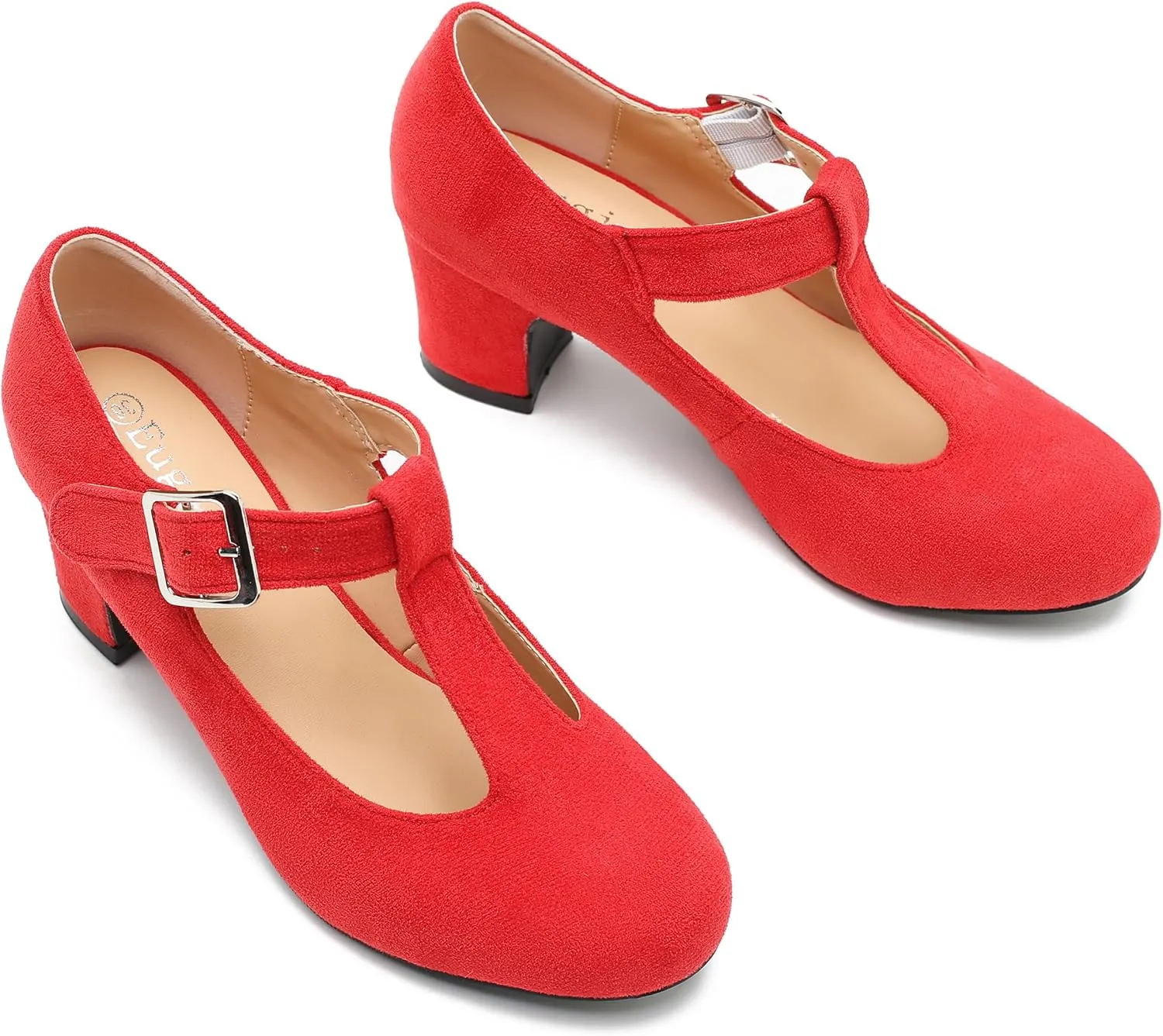 Women's T-Strap Mary Jane Pumps Round Closed Toe Comfortable Low Chunky Block Heel Wedding Dress Evening Party Shoes