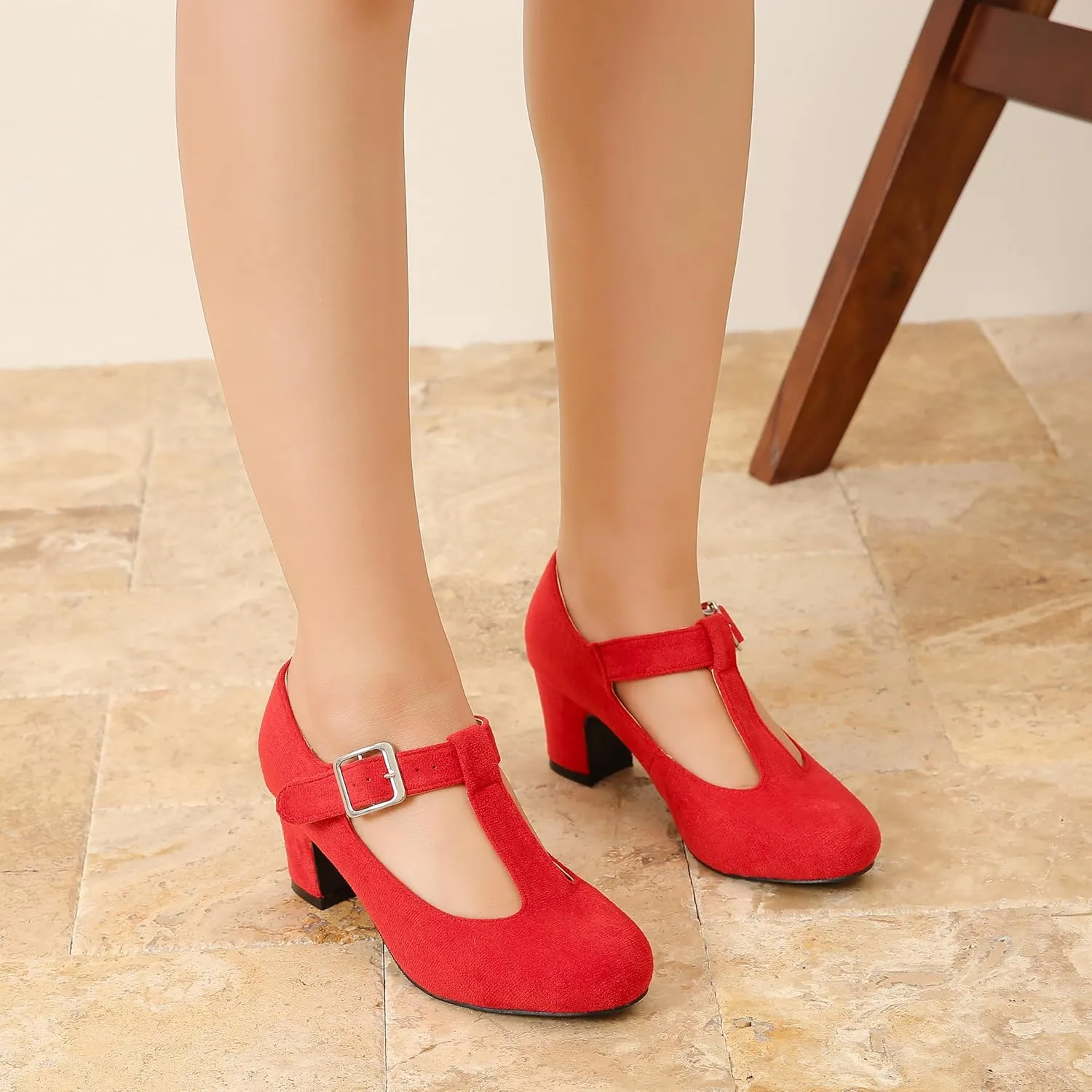 Women's T-Strap Mary Jane Pumps Round Closed Toe Comfortable Low Chunky Block Heel Wedding Dress Evening Party Shoes