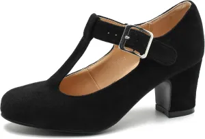 Women's T-Strap Mary Jane Pumps Round Closed Toe Comfortable Low Chunky Block Heel Wedding Dress Evening Party Shoes