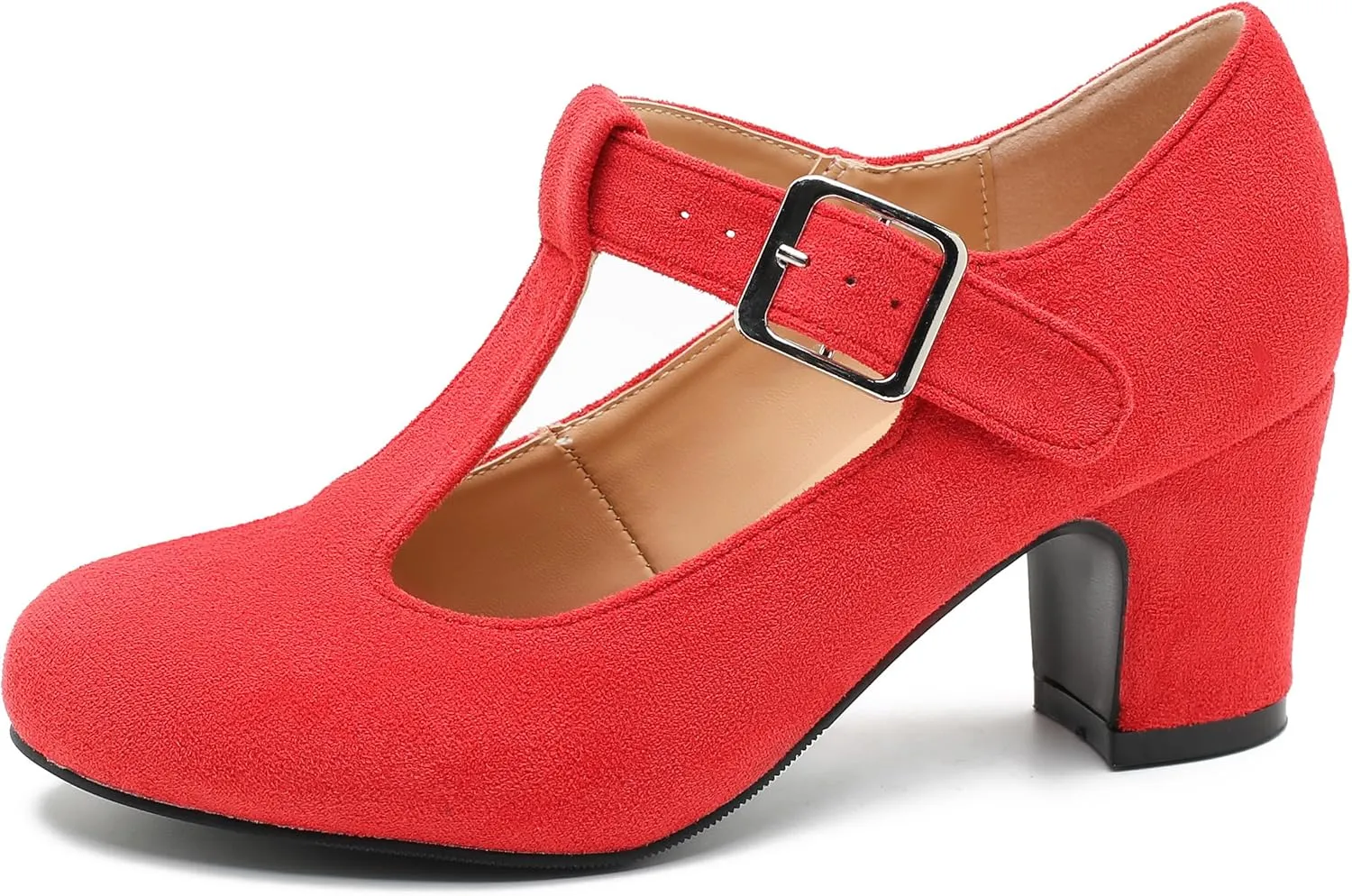 Women's T-Strap Mary Jane Pumps Round Closed Toe Comfortable Low Chunky Block Heel Wedding Dress Evening Party Shoes