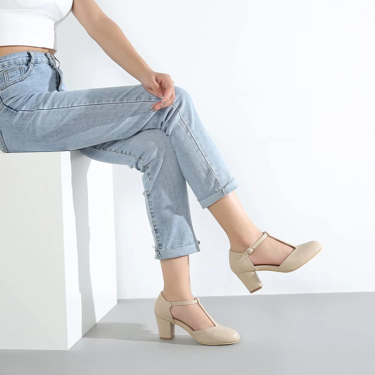 Womens T Strap Mary Jane Shoes Chunky Block Heel Ankle Strap Buckle Dress Pumps