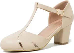 Womens T Strap Mary Jane Shoes Chunky Block Heel Cut Out Ankle Strap Buckle Dress Dance Pumps