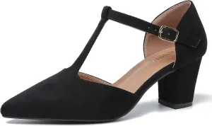 Womens T Strap Mary Jane Shoes Chunky Block Heel Pointed Toe Ankle Strap Buckle Dress Pumps
