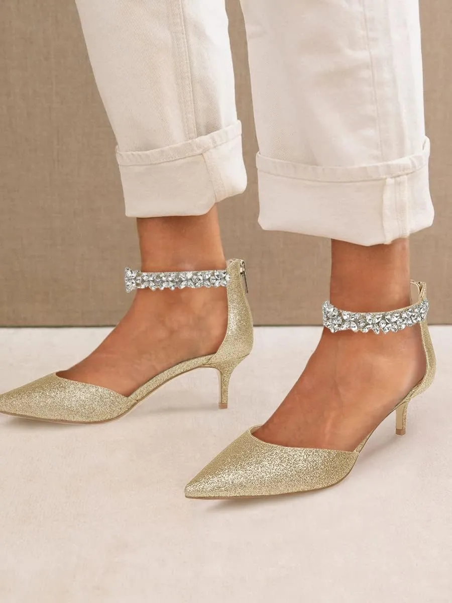Women's Wedding Rhinestones Low Kitten Heels Pumps Pointed Toe Dress Evening Shoes for Women Bridal Bride