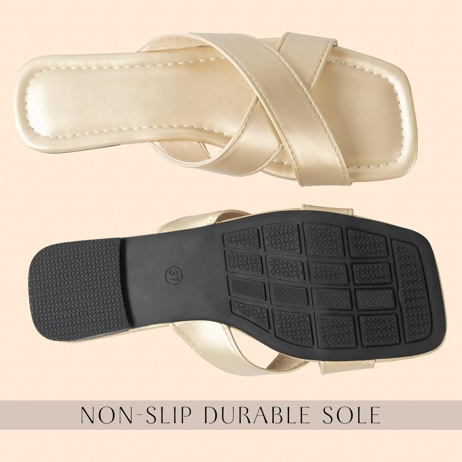 WONDERWAY Womens Sandals Comfortable Wide Leather Crisscross Summer Square Toe Flat Slide Sandals