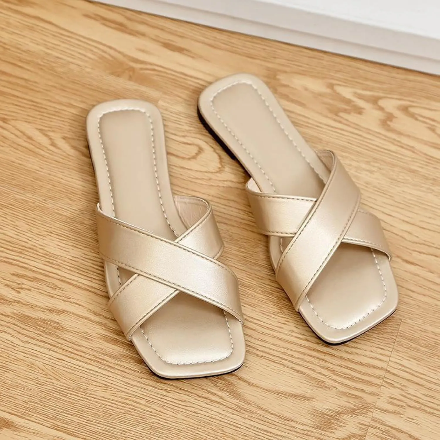 WONDERWAY Womens Sandals Comfortable Wide Leather Crisscross Summer Square Toe Flat Slide Sandals