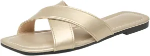 WONDERWAY Womens Sandals Comfortable Wide Leather Crisscross Summer Square Toe Flat Slide Sandals