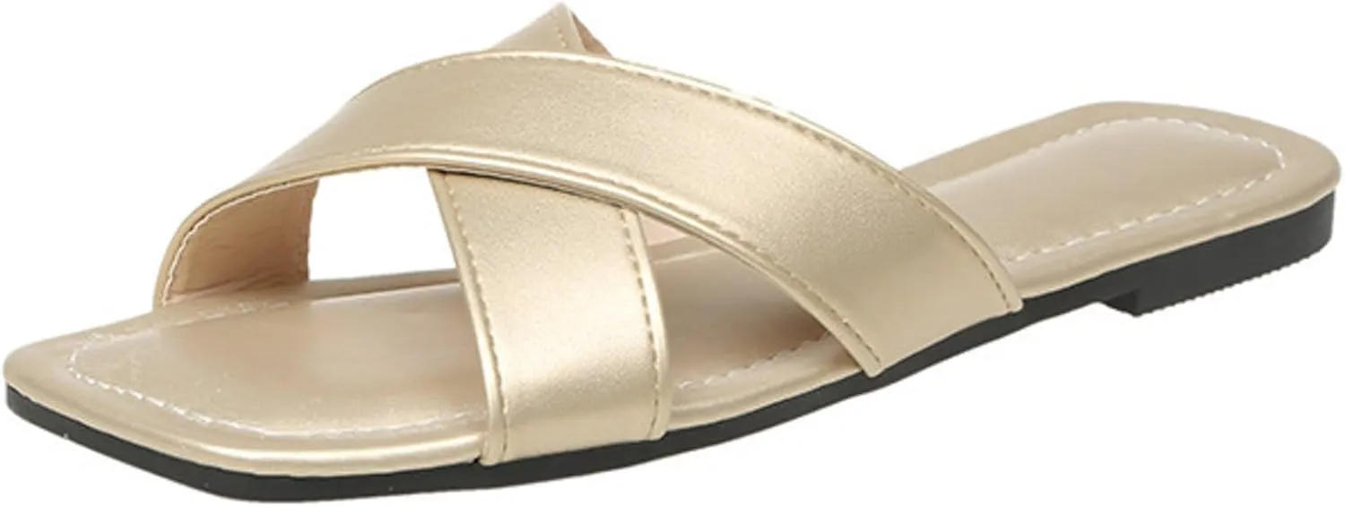 WONDERWAY Womens Sandals Comfortable Wide Leather Crisscross Summer Square Toe Flat Slide Sandals